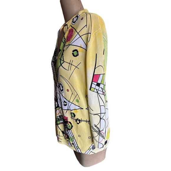 NVD Enveed Abstract Colorful Yellow V-Neck Lightweight Knit Sweater Sequin Bead - Picture 6 of 8